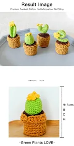 Detail view of 8cm handmade crochet cactus plants with intricate cotton knit textures