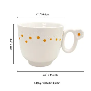 Japanese style white ceramic mug with relief daisy pattern and dimensions guide