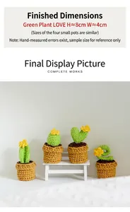 Detailed view of four handmade crochet cactus plants with small yellow flowers and dimensions