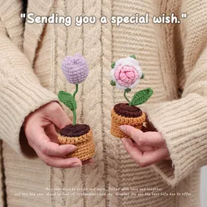 Handmade crochet potted tulip and rose set, mini knitted flowers for home decor