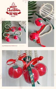 Macro detail of knit apple inside transparent bauble with pearl handle and silk ribbon
