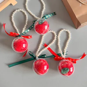 Handmade Crochet Christmas Apple Hanging Ornament Transparent Ball With Faux Artificial Pearl Handle Satin Ribbon Bow For Xmas Home Party Car Decor