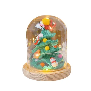 Handmade knitted Christmas tree in glass dome with warm LED lights and wooden base