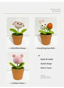 Detailed crochet texture of handmade bunny, lamb and pig knitted potted plants