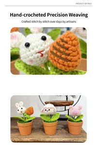 Close-up of handmade crochet animal potted plants featuring a rabbit, lamb, and pig
