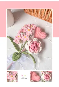 Macro shot of handmade crochet flower bouquet featuring pink roses and a ribbon bow