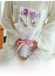 Handmade knitted purple tulip bouquet with LED lights and Just for you ribbon