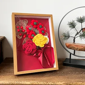 Handmade 3D crochet flower bouquet in a wooden frame for home decor and gifts