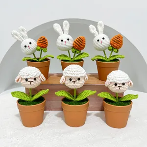 Handmade Crochet Animal Potted Plant Cute Pig Sheep Rabbit Desktop Ornament For Car Interior Decoration Birthday Gift