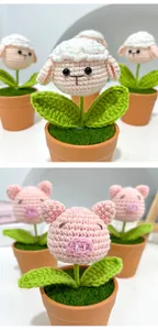 Detailed close-up of handmade crochet animal potted plants featuring a sheep and pig