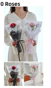 Detail of hand-knitted crochet roses bouquet with LED lights and elegant gift wrapping