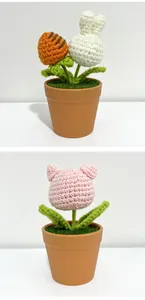 Macro view showing handmade crochet bunny and bear potted plants with knitted textures
