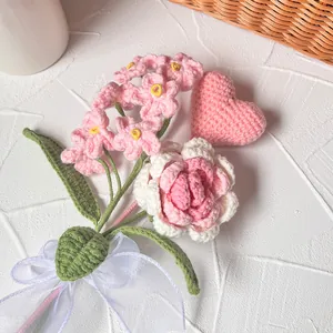 Handmade Crochet Yarn Flower Bouquet Fridge Magnet Artificial Rose Tulip Daisy Knitted Floral Decor For Home Gift