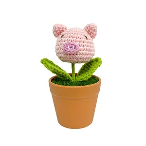 Handmade crochet pink pig succulent in mini pot, creative knitted desk decor gift