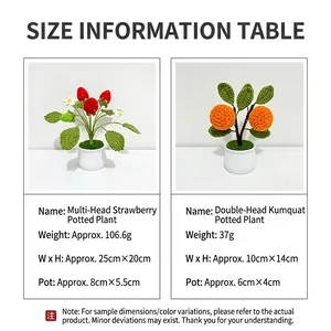 Guide des tailles pour plantes en crochet avec dimensions fraises et kumquats