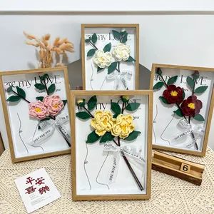 Handmade crochet camellia flower wooden frame home decor and creative desktop gift
