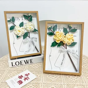 Handmade crochet camellia 3D floral frame with wood finish and Only Love art print