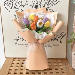 Handmade Crochet Tulip Bouquet With Daisies Yarn Knitted Flowers With Elegant Gift Wrapping For Birthday Valentine Mother's Day Home Decor