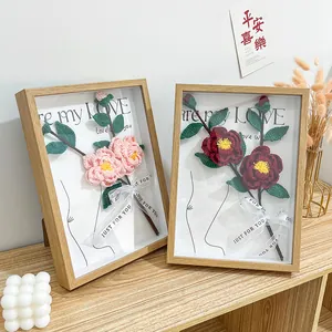 Handmade Crochet Camellia Flower 3D Photo Frame Wooden Shadow Box Artistic Ornament For Wedding Anniversary Valentine's Gift Women