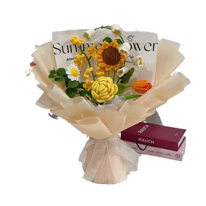 Handmade crochet flower bouquet with sunflowers and roses in elegant beige wrapping