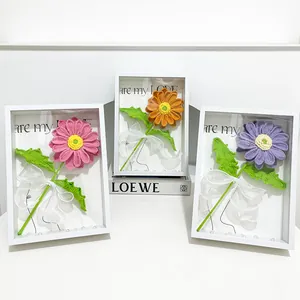 Handmade crochet gerbera flower bouquet in 3D shadow box frame wall art decor