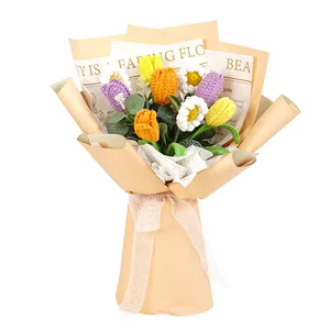 Handmade crochet tulip bouquet with daisies in premium beige packaging for gifts