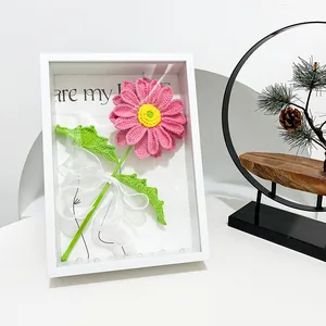 Handmade Crochet Gerbera Daisy Flower Shadow Box Frame Tabletop Ornament Gift For Women Mother's Day Home Decoration