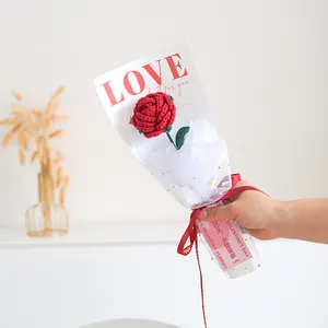 Handmade Crochet Knitted Red Rose Bouquet Exquisite Yarn Flower With Wrapping Paper For Valentine Day Gift Women Home Decor