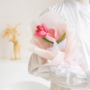 Handmade crochet tulip bouquet in pink wrapping with ribbon, perfect Mother's Day gift
