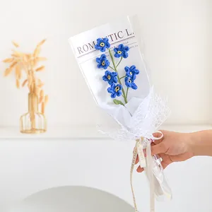 Handmade Crochet Forget-me-not Flower Bouquet Milk Cotton Blue Artificial Floral Gift For Graduation Home Decoration