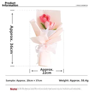Hand-crocheted tulip bouquet product specifications showing 36cm height and 22cm width