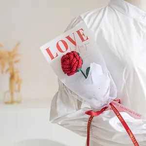 Handmade crochet red rose bouquet in gift box with lace mesh and love eternal ribbon