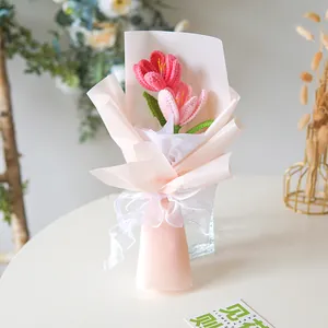 Handmade Crochet Tulip Bouquet Pink Yarn Knitted Artificial Flower Gift For Mother's Day Birthday Home Decoration