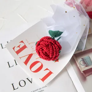 Handmade crochet red rose bouquet with white starry mesh wrapping and love gift card