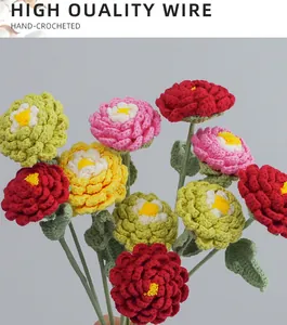 Detailed close-up of hand-crocheted peony bouquet with vibrant gradient wool petals
