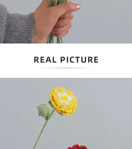 Macro shot of handmade crochet peony flower with yellow and white gradient petals
