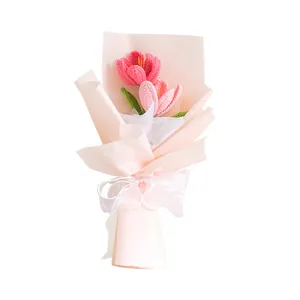 Handmade crochet tulip flower bouquet in pink wrapping for Mother's Day gift