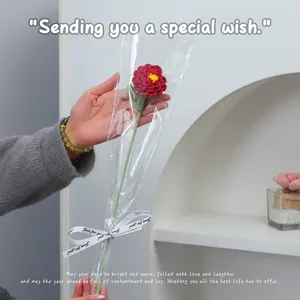 Handmade crochet red peony flower in gift packaging with white Just for you ribbon