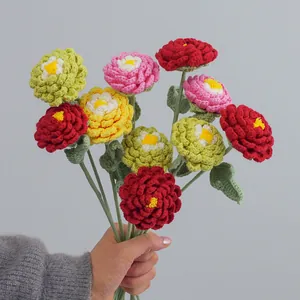 Handmade crochet peony bouquet with vibrant gradient petals and lifelike green stems