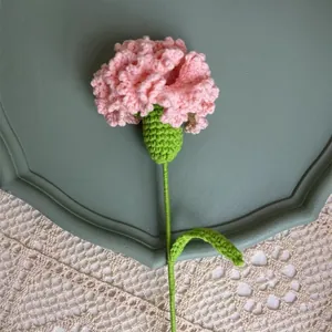 Handmade crochet pink carnation knit flower with green stem for Mother's Day gift