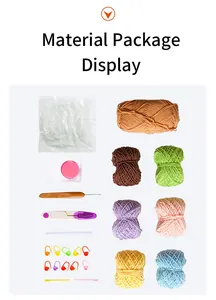 Detailed view of DIY crochet kit with colorful yarn, stuffing, and essential craft tools