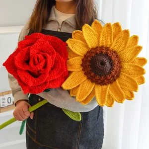 Giant Handmade Knitted Sunflower Rose Bouquet Crochet Woolen Yarn Large Artificial Flower For Home Decor Photography Props Wedding Gift