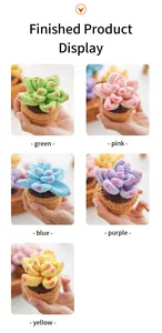 Detailed display of five small crochet succulent pots in green, pink, blue, purple, and yellow
