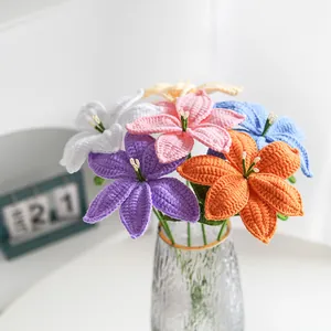 Handmade crochet milk cotton lily bouquet in transparent glass vase for home decor