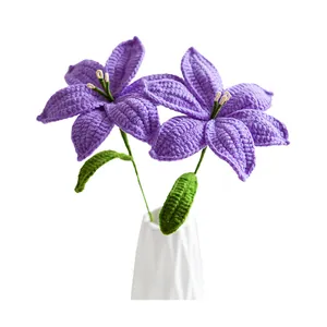 Handmade purple crochet lilies in a white textured vase for home decoration gift