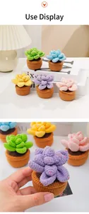 Close-up of five colorful crochet cactus succulents with detailed hand-knitted texture