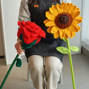 Handcrafted oversized crochet flower bouquet with red rose and yellow sunflower for gifts