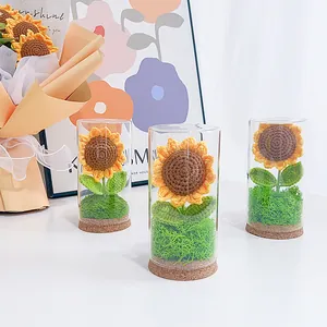 Handgefertigte Häkel Sonnenblume Nachtlicht Im Glasdom Mit Korkboden LED Warme Lampe Gestrickte Blume Schreibtisch Ornament