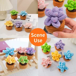 Handmade crochet succulent potted plants in five vibrant colors for home desk decor