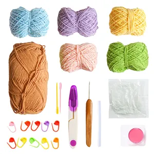 Complete DIY crochet kit for potted succulents with colorful yarn and essential tools